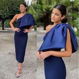 Little Black Tea-length Evening Cocktail Dresses One-shoulder Navy Blue Mermaid Big Bow Occasion Prom Dress Party Gown M362