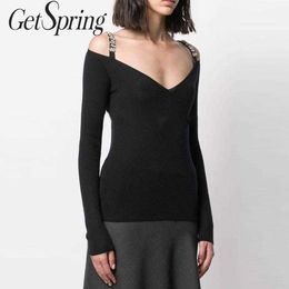 GETSPRING Women Sweater Patchwork V-Neck Off Shoulder Sweaters Black Summer Wool Fashion Vintage 210601