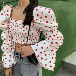 Vintage puff sleeve crop tops women slim elastic puff sleeve retro blouse shirts summer tunic women tops and blouse 210415