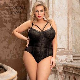 Comeonlover Sexy Bodysuit Eyelash Lace Splice Rompers Jumpsuit Plus Size 5XL Sexy Black Bodysuit Clothes 210728