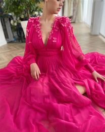New 2021 Bright Pink Chiffon Prom Dresses Long Puff Sleeves V Neck Slit A Line Evening Gowns With 3 D Butterfly Flowers265a