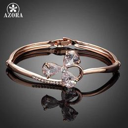 Azora Lucky Clover Design Rose Gold Colour Clear Cubic Zirconia Charm Bangle Bracelet Tb0046 Q0717