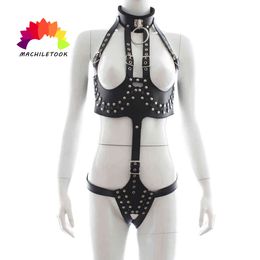 Black leather role - playing queen's outfit Body Binding Lacy Sexy Bondage SM Sex restraints alternative clothing Y0406