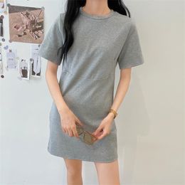 Retro round neck short-sleeved dress female cotton was thin and all-match mini skirt summer Korean fashion women's clothing 210520