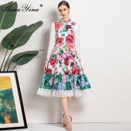 Fashion Runway Summer Dress Women Long sleeve Single-breasted Flower Print Lace Splicing Elegant Party Midi 210524