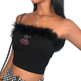 Sexy Fleece Fur Patchwork StraplTube Top 2019 Summer Women Rhinestone Cherry Pattern Crop Tops Female Streetwear Wear X0507