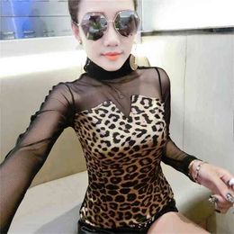 Sexy Leopard Tshirt Transparent Mesh Patchwork Turtleneck Pullover Spring Autumn Women Long Sleeve T Shirts Tops T91903 210421