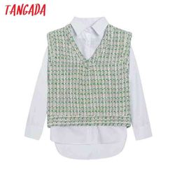 Women Retro Green Plaid Tweed Patchwork Blouse Long Sleeve Chic Female Shirt Tops 6H3 210416