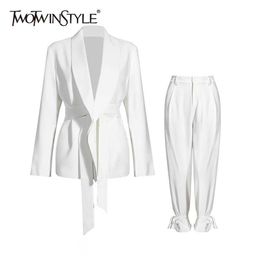 TWOTWINSTYLE Solid Colour Korean Two Piece Set Women Blazer High Waist Belt Lace-up Straight Pants Suits Female Fashion 211105