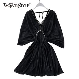 Vintage Black Pleated Dress For Women V Neck Batwing Short Sleeve High Waist Mini Dresses Female Fashion Style 210520