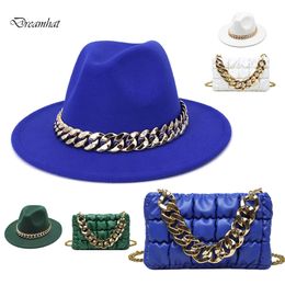 fedorasBlue Black Fedora Hat Oversized Chain Accessory Bag Hat For Women Fashion Luxury New Hat Latest Chain Two-piece Set