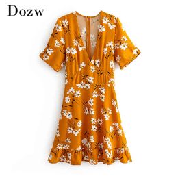 Women V Neck Floral Print Mini Dresses A Line Short Sleeve Ruffle Vintage Dress Summer Boho Beach Sundress Vestido 210414
