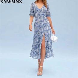Fashion Split Party women dress Vintage Blue Floral Print Summer Dress Sexy Chiffon Short Sleeve vestido 210520
