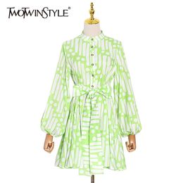 Bohemian Lace Up Bowknot Dress For Women O Neck Lantern Sleeve High Waist Mini Dresses Female Fashion Autumn 210520
