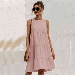 Women dress Summer O-Neck Sleeveless Fit and Flare Empire Solid Ruffles Classic Casual Pullover Women's female 210524