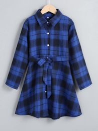 Girls Plaid Print Belted Shirt Dress SHE01