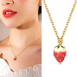 Authentic Lovely Sweet Strawberry Red Enamel Charm Pendant Necklaces For Women Girls Short Tassel Clavicle Chain Fine Jewellery Chokers