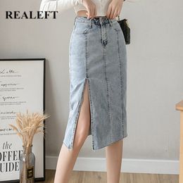 Women Denim Skirts Fashionable High Waist Patchwork Slim Split OL Style Casual Knee Length Midi Female 210428