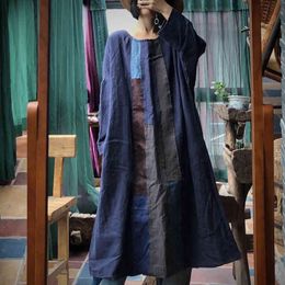 Johnature Winter Linen Vintage Dress Women O-neck Loose Long Sleeve Plus Size Patchwork Blue Casual Retro Dresses 210521