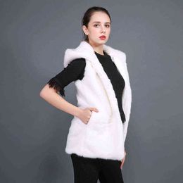 Loss imitation rabbit hair hooded slim fit medium long vest female mink wool sleeveless thermal jacket 211207