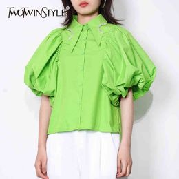 Green Casual Patchwork Diamond Shirts For Women Lapel Puff Short Sleeve Slim Blouses Female Summer Fashion 210524