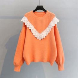 Sweater Women Spring And Autumn Casual Temperament Sweet Lace Stitching Korean Loose Wild 210427