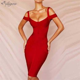 Summer Off Shoulder Skinny Bandage Dress Women Sexy Red Spaghetti Belt Club Vestidos Celebrity Party 210525