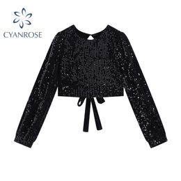 Sexy Sequin Crop Blouses And Shirts For Women Backless Bandage Long Sleeve Party Club Shining Bling Black Tops Elegant Blusas 210417