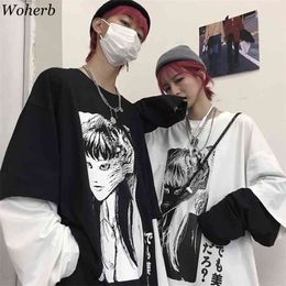 Harajuku T-shirt Women Man Fake 2 Pieces Print Japanese Fujiang Horror Comics Long Sleeve Graphic T Shirts Streetwear Top 210519