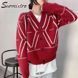 Knitted Cropped Cardigan Women Spring Autumn Korean Style Red Argyle Long Sleeve Female Sweater Knitwear Short 210421