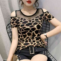 Fashion Leopard Off Shoulder T-Shirt Ladies O-Neck summer Tops T-Shirts Women Large size Short sleeve tshirt 210507