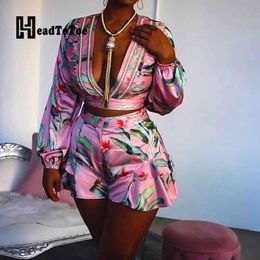 Sexy Deep V Neck Long Sleeve Crop Tops & Shorts Set Floral Leaf Print Casual Women Two Piece Set X0428