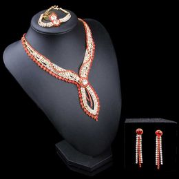 StoneFans Rhinestone Fashion African Wedding Red Necklace Earring Ring Bracelet Sets Pink Crystal Gold Bridal Women Jewellery Set H1022