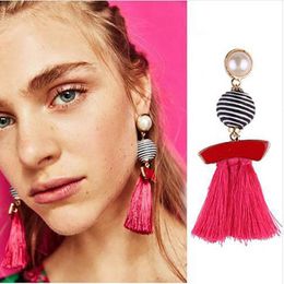 Dangle & Chandelier Vintage Simulated Pearl Tassel Earrings For Women Fashion Big Stripe Cotton Handmade Jewelry Drop Gift