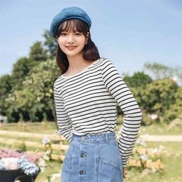 INMAN Autumn Winter Vintage Striped Cotton Long Sleeve Top Korean Fashion Slim Versatile Round Neck Bottomed Women's T-shirt 210720