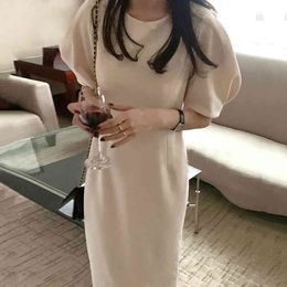 Women Apricot Vintage Simplicity Slim High Waist Dress Round Neck Short Puff Sleeve Fashion Spring Autumn 2F0374 210510