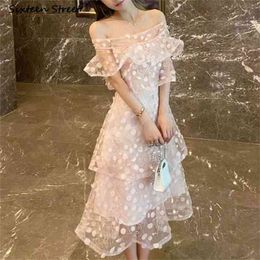 Pink Elegant Party Dresses for Woman Off The Shoulder High Waist Mesh Bodycon Dot Summer Runway Luxury 210603