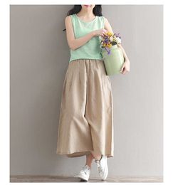 Women Linen pants width legs pants cotton good quality Korean design cool summer wearing lady pants linen Hakama Q0801