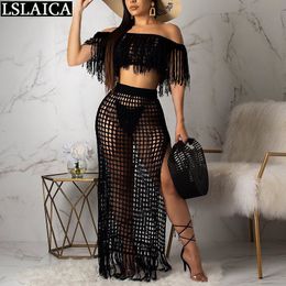 Sexy Outfits for Woman Beach Night Club Fashion 2 Piece Set Women Exposed Navel Hollow Out Tassel Thigh Slit Skirt 210520
