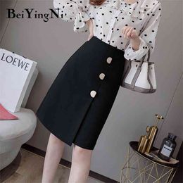Beiyingni Vintage Office Ladies Skirts Buttons A Line Knee-Length Elegant Skirt Women High Waist Jupe Femme Split Bottoms 210412