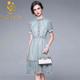 Women Mermaid Dress Summer Fashion Female Puff Sleeve Vintage Lace Patchwork Floral Print Peter Pan Collar Boho Casual 210506