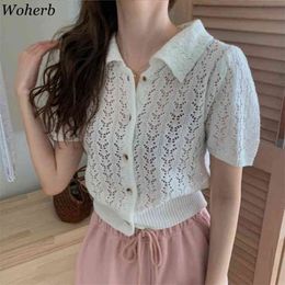 Summer Thin Crop Cardigan Short Sleeve Hollow Out Knitted Tops Korean Chic Button Cardigans Streetwear 210519