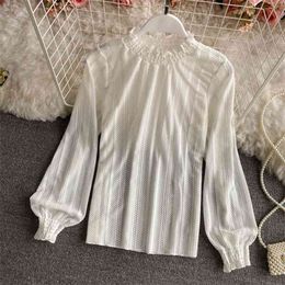 Spring All-match Blouse Female Half-high Stand-up Collar Flared Sleeve Lace Blusa Mesh T-shirt C843 210506
