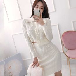 Spring High Quality Women Knitted 2 Piece Set Bow Knit Tops+Slim Bodycon Mini Skirt Female Sweater Suits 210529
