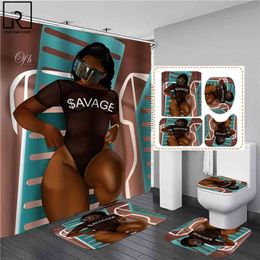 Black African American Women Print Shower Curtain Set Waterproof Bathroom Curtains Anti-slip Soft Bath Mat Toilet Rugs WC Carpet 210402