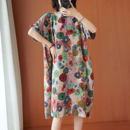 Oversized Women Cotton Linen Casual Dress New Summer Arts Style Vintage Floral Print Loose Female Knee-length Dresses S3478 210412