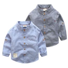 Spring Autumn 2 3 4 6 8 10 Years Design MANDARIN COLLAR Long Sleeve Pocket Classic Striped Shirts For Kids Baby Boys 210529