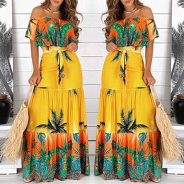 Fashion Women Off Shoulder Maxi Dress Party Wear Vacation Holiday Tropical Print Long Dress 210716