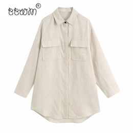 Women Elegant Fashion Pockets Long Linen Blouse Vintage Turn-down Collar Button-up Cuff Shirts Female Chic Tops 210520