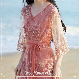 Sweet Elegant Dress Women V-neck Vintage Floral Dress Party Evening Dress for Fenales Korean Style Bandage Design Summer 210521